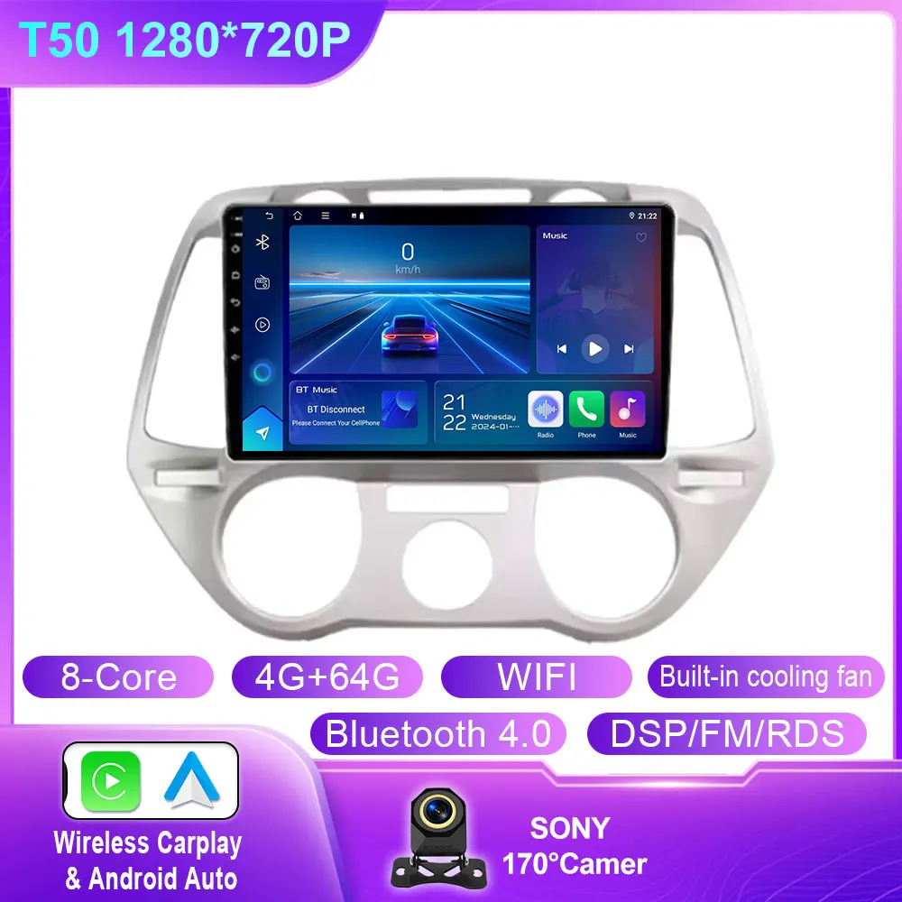 Android 14 Carplay Voor Hyundai i20 2008 2009 2010 2011 2012 Autoradio Stereo Multimedia Video Player DSP GPS 4G WIFI QLED Scherm