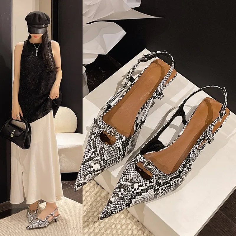 Summer New Sexy Snake Patterned High-heeled Sandals Women, Pointed Back Hollow Thin Follow-up Shoes Women Fashionable Sandals
