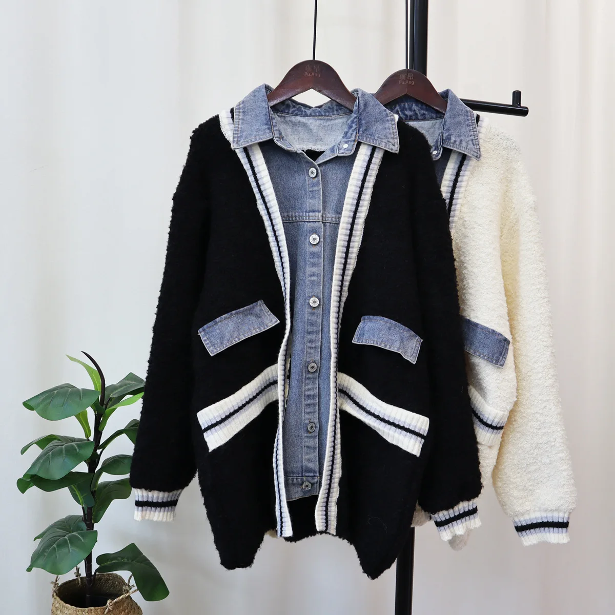 Sweater Coat Fake Two Pieces Women Denim Patchwork Cardigan Single Breasted Turn Down Collar Pockets Casual Knitting Jacket