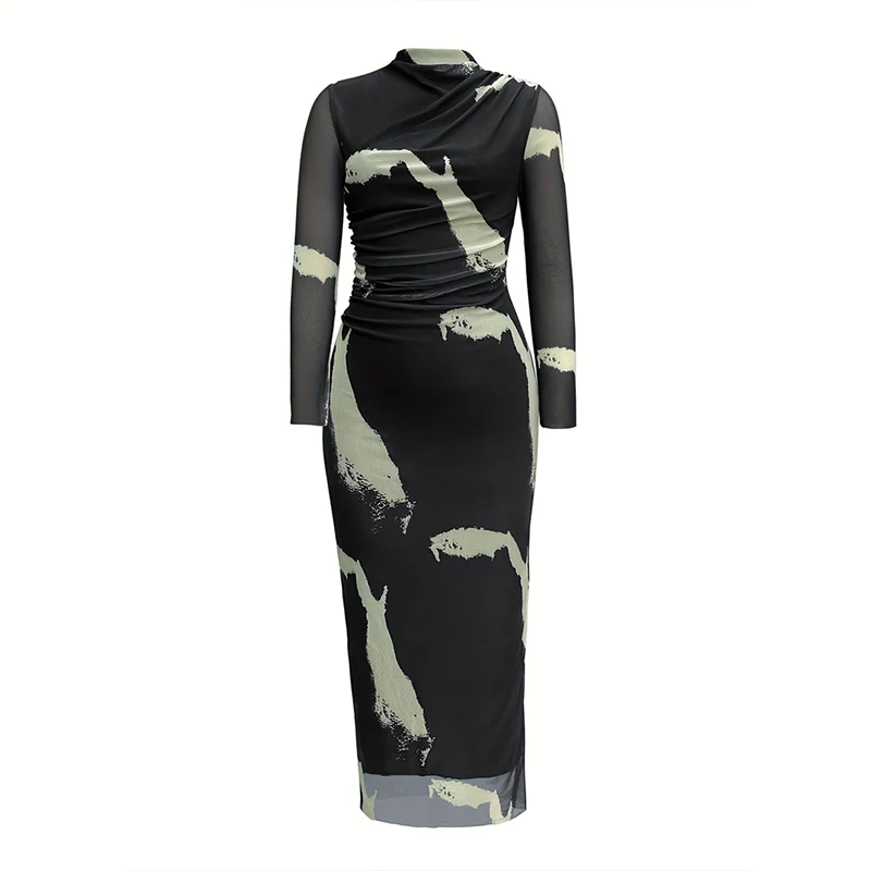 Y.KUKU New Brand Women Dresses Long Sleeve Printing Sexy Elegant Midi Bodycon Dress Skinny Slim Pencil Party Dresses Vestidos