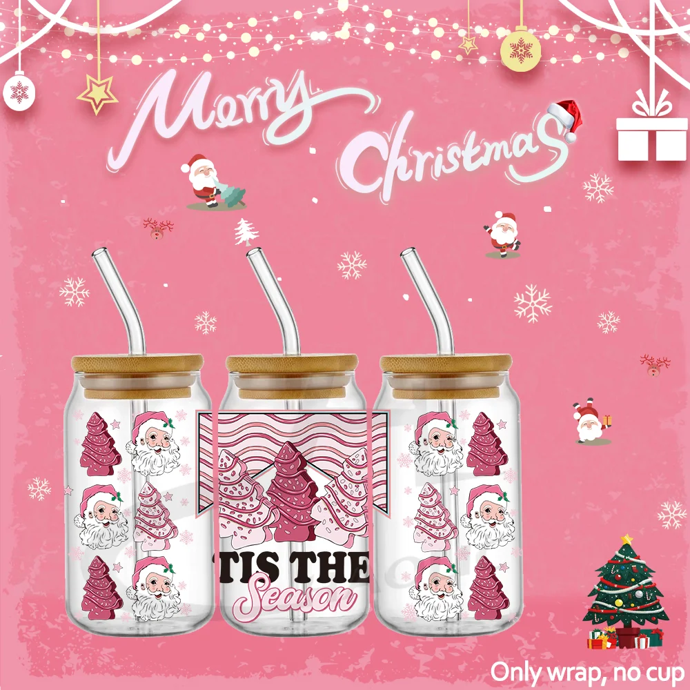 Pink Christmas Wholesale Tumbler Transfer No Heat Needed Waterproof UV DTF Cup Wrap Transfers for 16oz 16 oz Glass Beer Can Cup