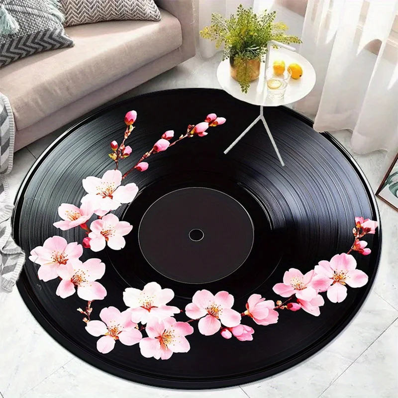 Vinyl record cherry blossom round rug crystal velvet floor mat music lover decor retro style living room bedroom carpet