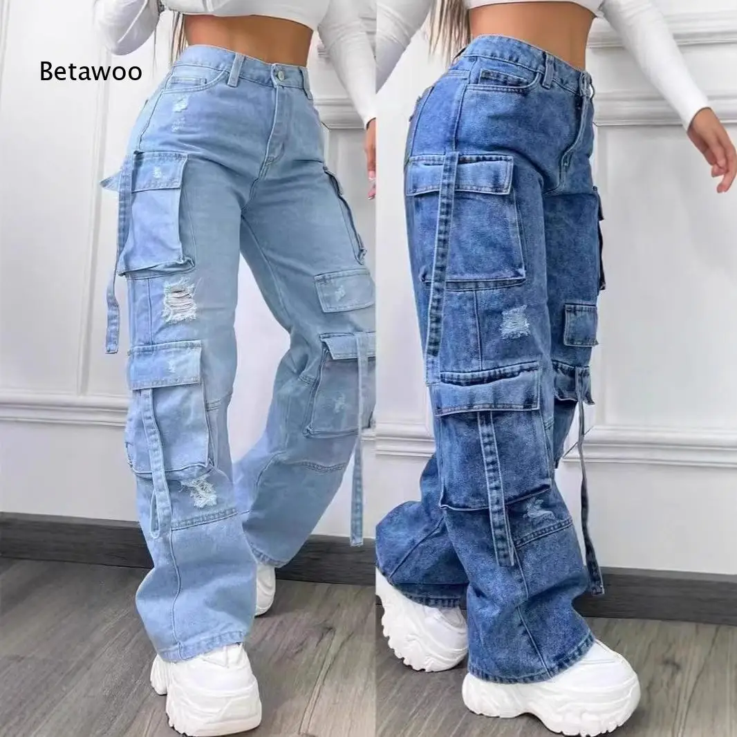 High Waist Multi Pocket Cargo Denim Pants For Ladies Distressed Ripped Detail Side Strap Light Dark Washed Streetwear Jeans