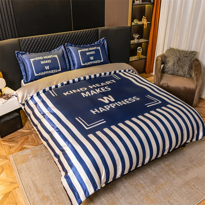 Blue White Stripes Print Duvet Cover Soft Breathable Silk Comforter Covers Decorative Room Queen Bedding Set with 2 Pillowcases