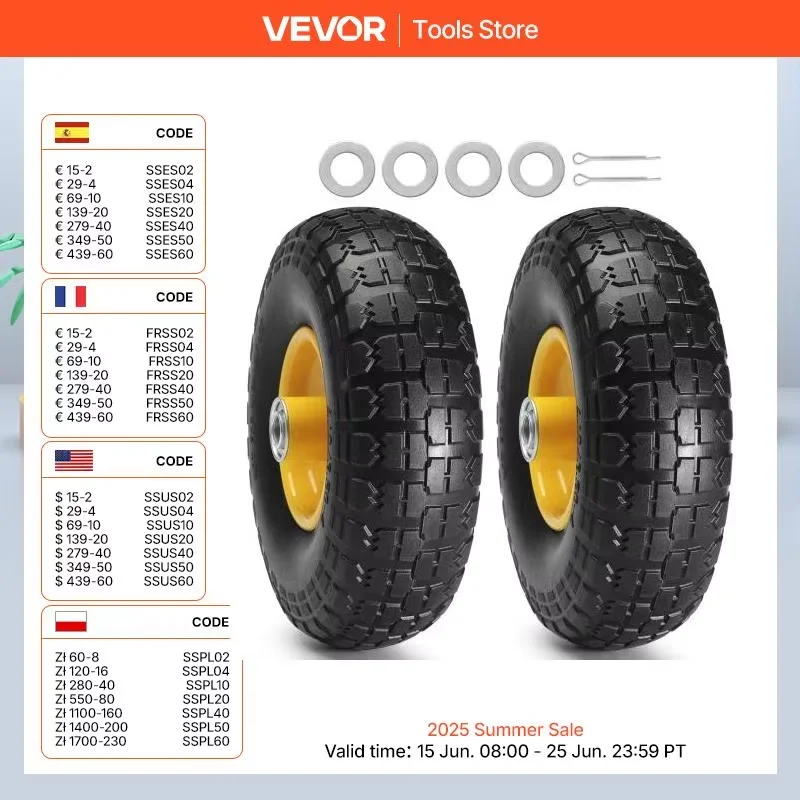 VEVOR 2-Pack Solid PU Run-Flat Tire Wheel 10" Flat Free Tubeless Tires and Wheels for Dollies Garden Trailers Various Carts