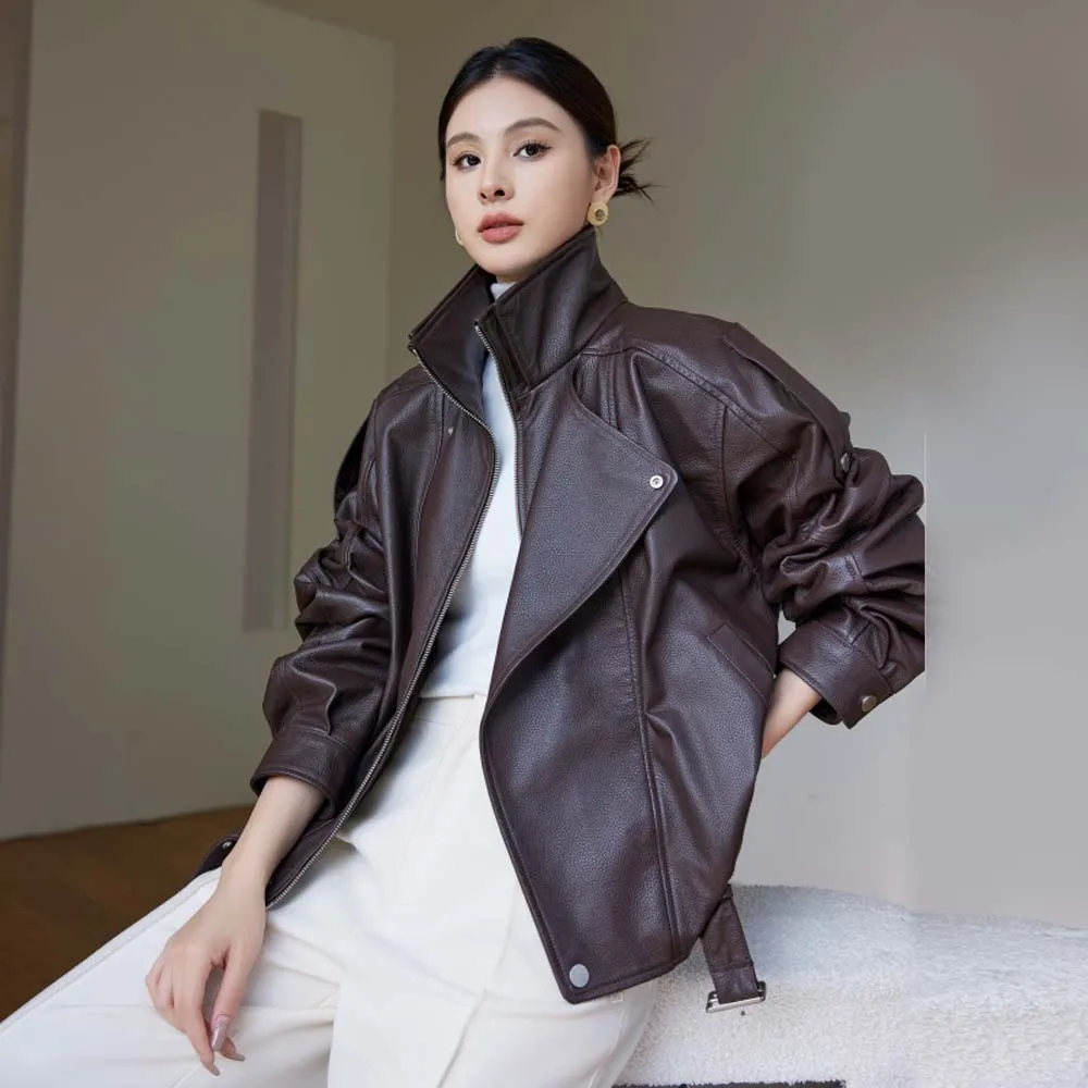 

2025 Autumn new leather jacket for women mid-length coat double-collar sheepskin jacket motorcycle suit