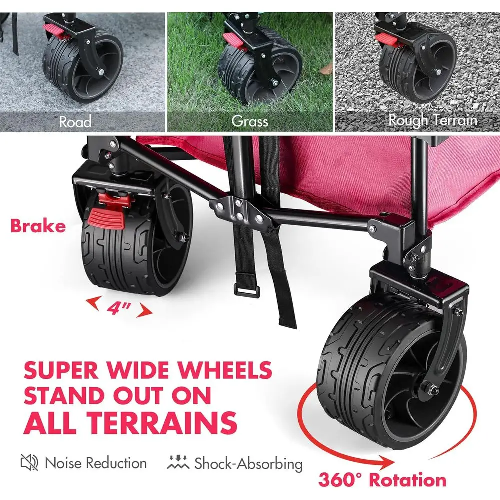 全地形対応ヘビーデューティ折りたたみワゴン、大型ホイール付き、耐荷重225ポンド、ポータブルガーデンカート、ピンク、カップホルダー付きユーティリティカート