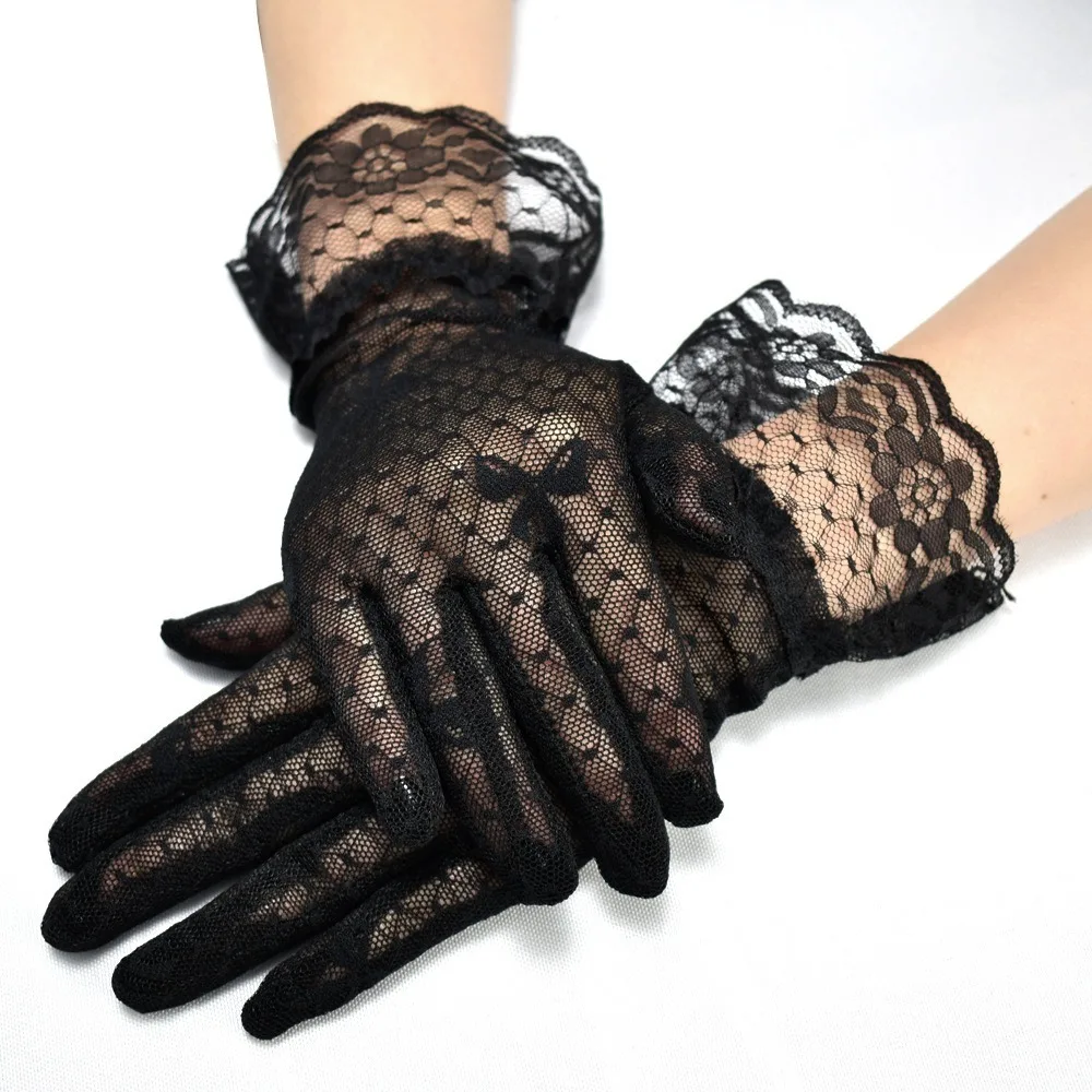 

Fashion Full Finger Bow Short Sunscreen Lace Gloves Transparent Breathable Bridal Gloves Anti-UV Mesh Tulle Mittens Women