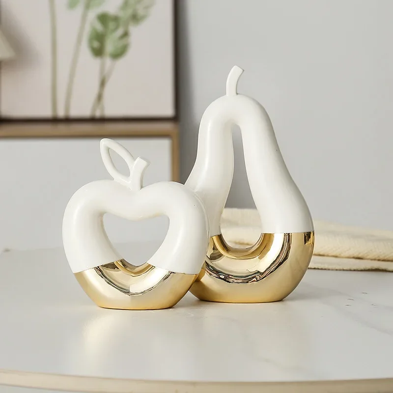 Ceramic Ornaments Golden plated Hollow Out Apple Pear Statue Desk Decoration Modern Crafts Fruits Sculpture Room Aesthetic Decor