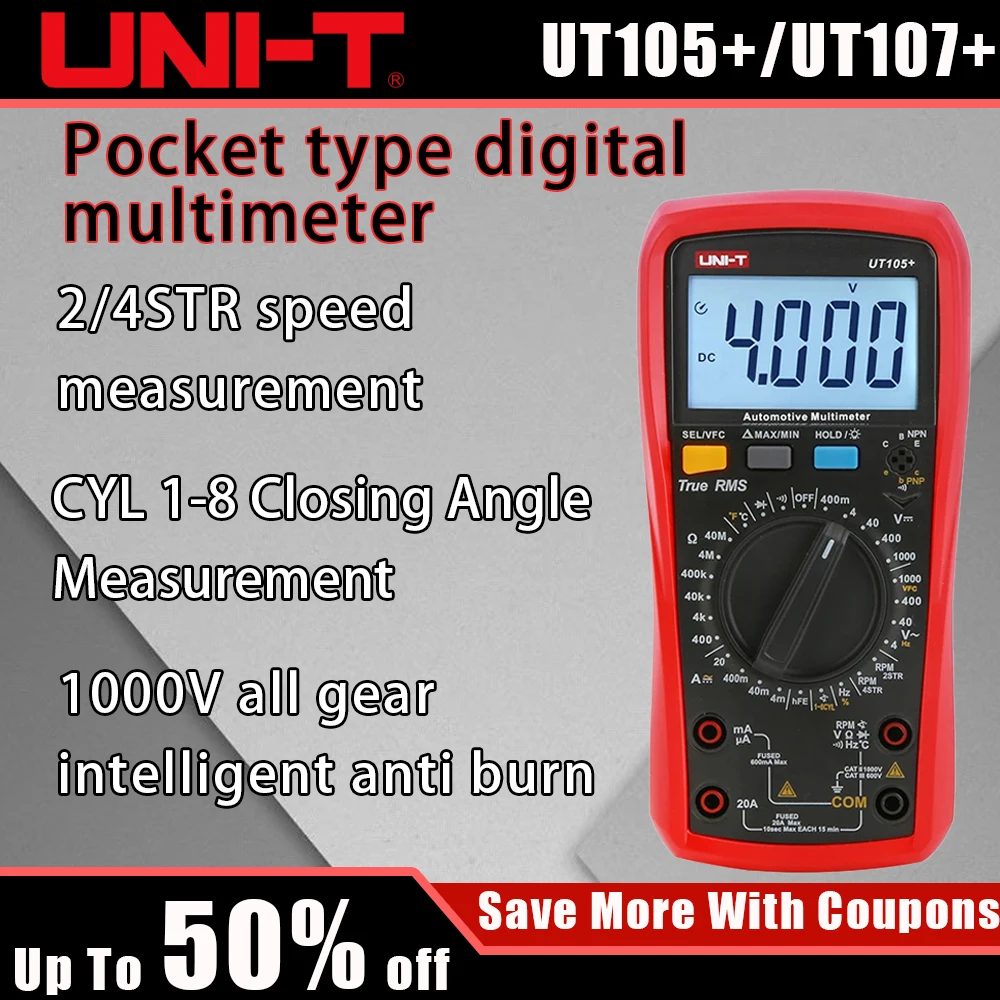 Intelligent Automotive Multimeter UT105+/UT107+, Measures Voltage Current Resistance RPM Dwell Angle Pulse Width Temperature Cap