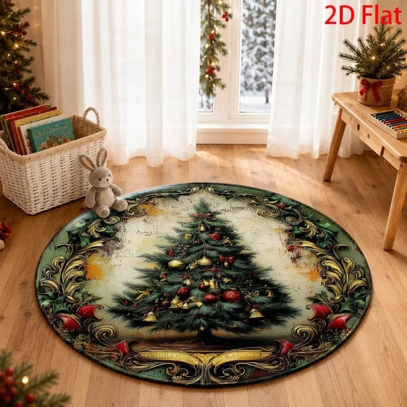 Welcome Gingerbread Man Christmas Round Rug, Holly Bow Printed Floor Mat, Xmas Indoor Home Decor Carpet