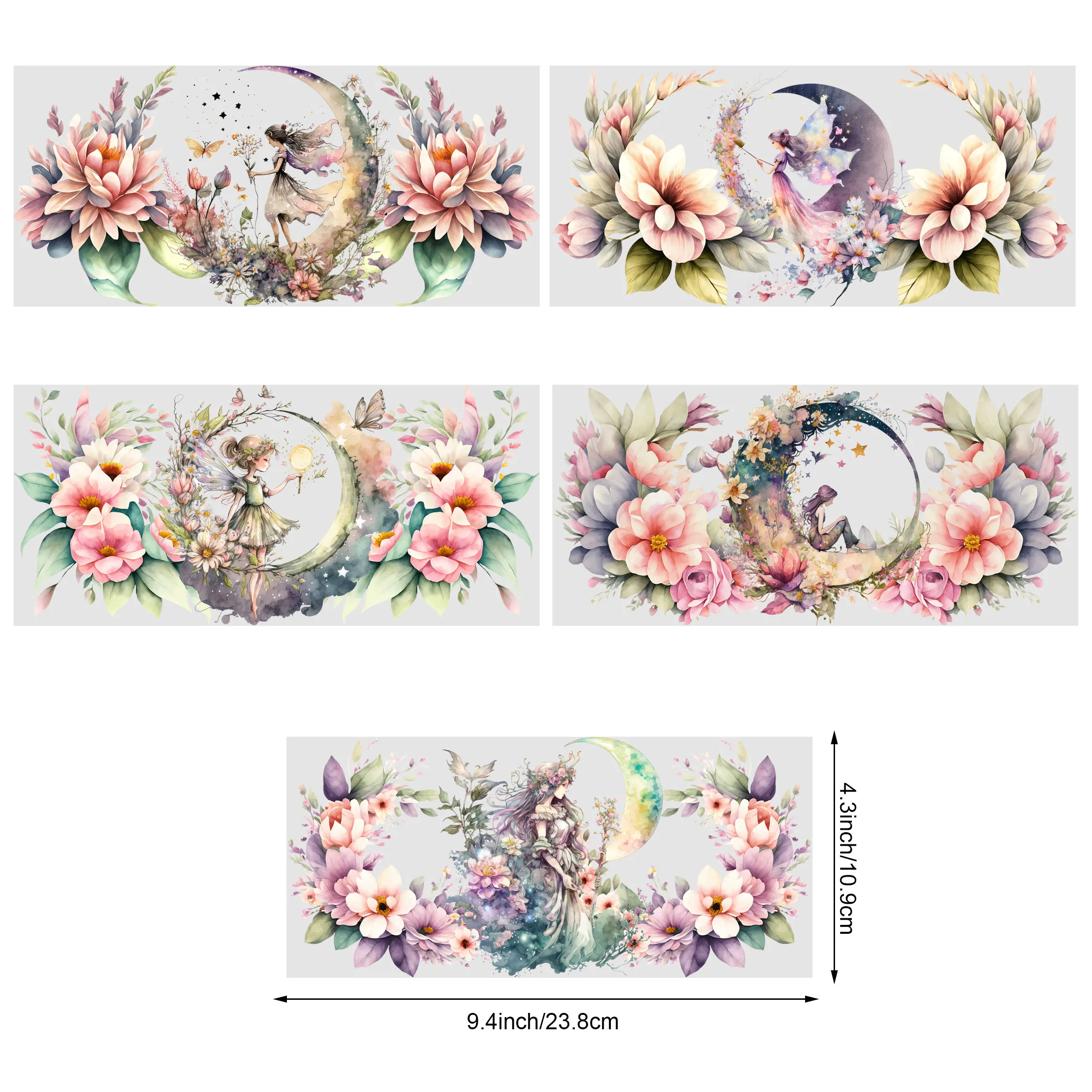 5 sheet Moon with Fairy UV DTF cup stickers, DTF friction stickers, waterproof transfer stickers suitable for 16oz glass cups,