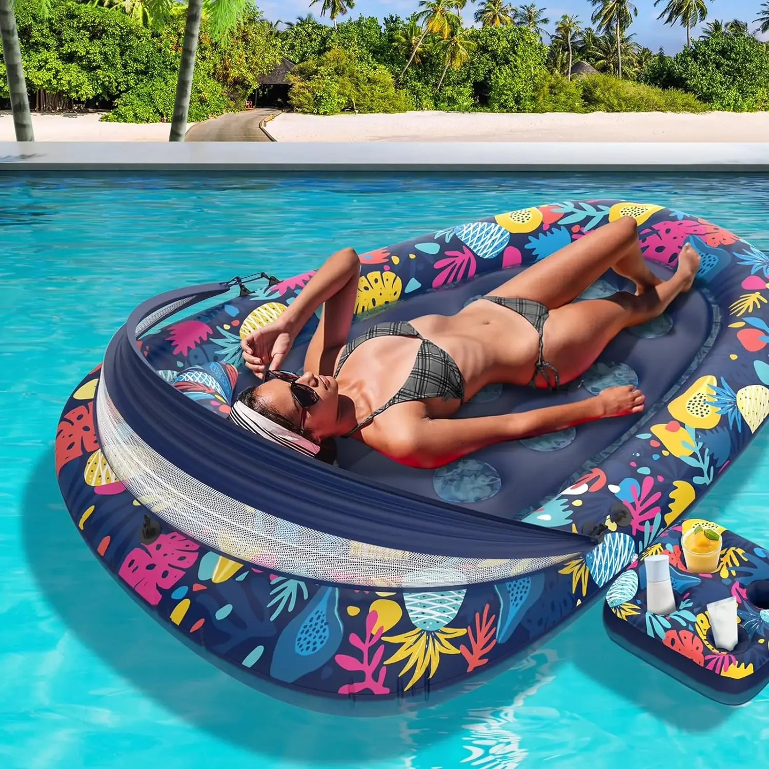 Ride on Pool Lounger Float Hawaii Inflatable Pool Floats with Detachable Cupholder Caddy Water Hammock Pool Rafts Floating Toys