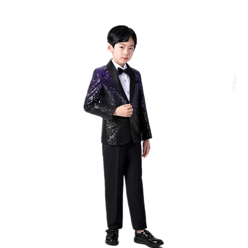 Boys Fashionable Gradient Sequins Jacket Pants Tie 3pcs Wedding Party Suits Kids Piano Performance Costume Photography Dress