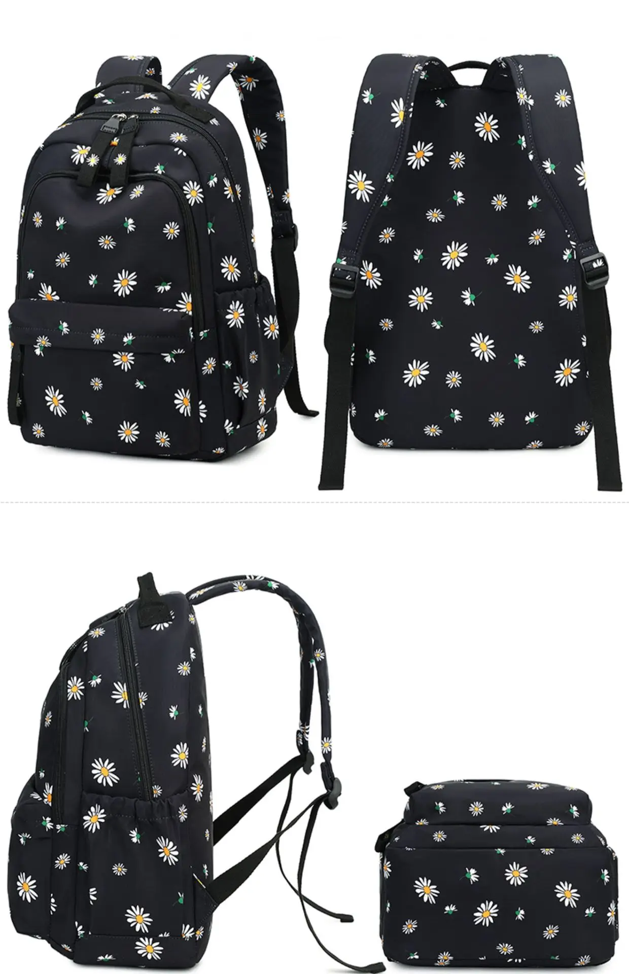 Blumen-Rucksack für Damen, Teenager, niedlich, Kawaii-Rucksack, 2023, neue Schultaschen für Mädchen, Kinder, Kinder, Studenten, Schultasche, koreanisches Schwarz