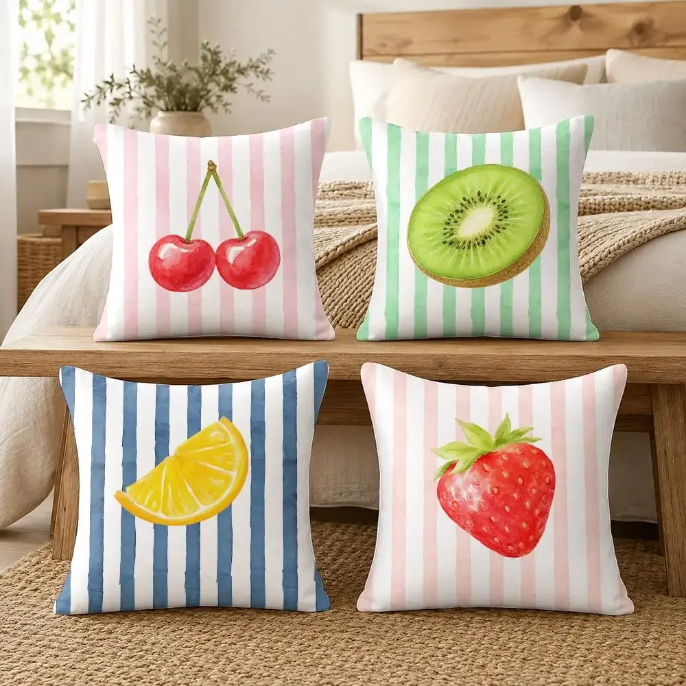 Cute Fruit Print Throw Pillow Covers for Sofa Couch Decor Set Cherry Kiwi Lemon Strawberry Home Accent Pillow