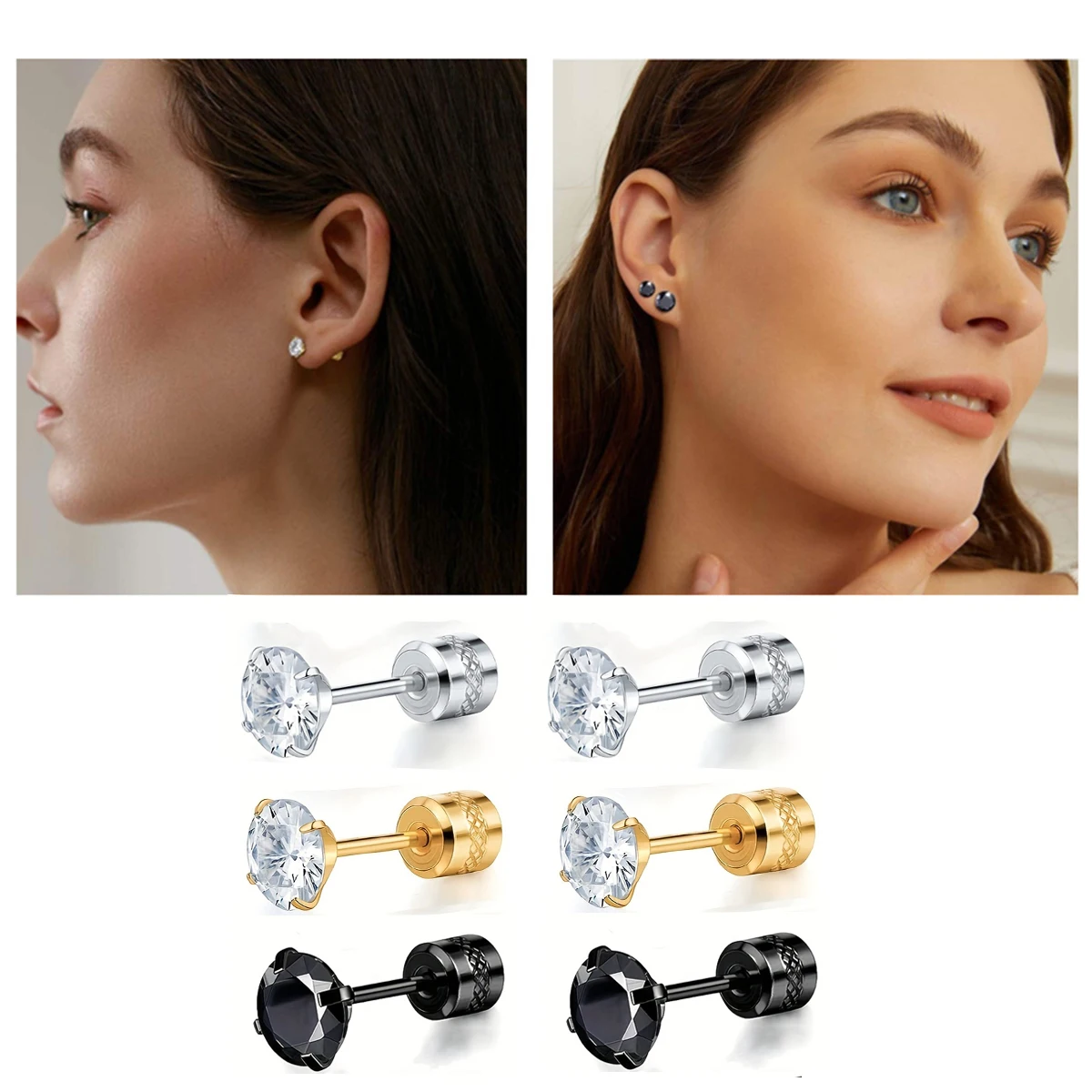 2Pcs Fashion Stainless Steel Cubic Zerconia Embossed Pattern Screw Back Earrings,Flat Back Cartilage Helix Ear Piercing Jewelry