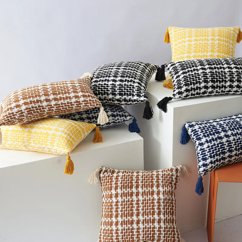 

Handmade Cotton Tassel Double Color Cushion Cover 30X50cm 45X45cm Woven Throw Pillowcase For Lliving Room Home Decor