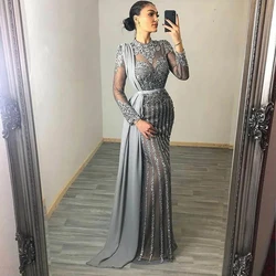 Gray Arabic Formal Dresses for Women Wedding Party Long Sleeves Luxury Crystal Dubai Muslim Evening Dress with Overskirt