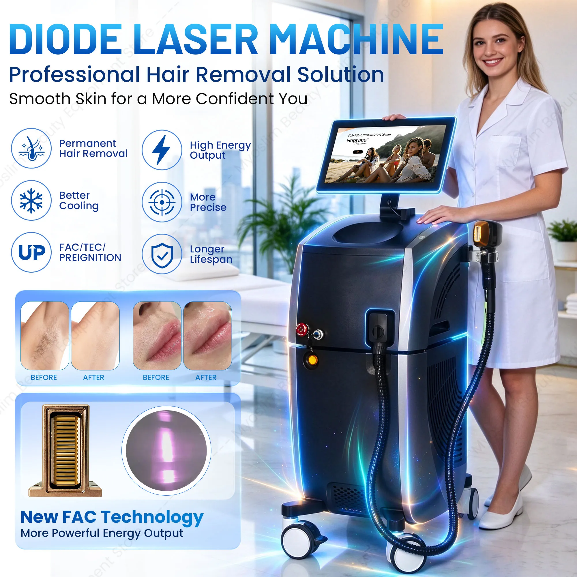 Diode Laser Hair Removal Machine 3 Wavelength 755 808 1064nm FAC TEC Ice Cooling Painless Permanent Body Hair Removal Device