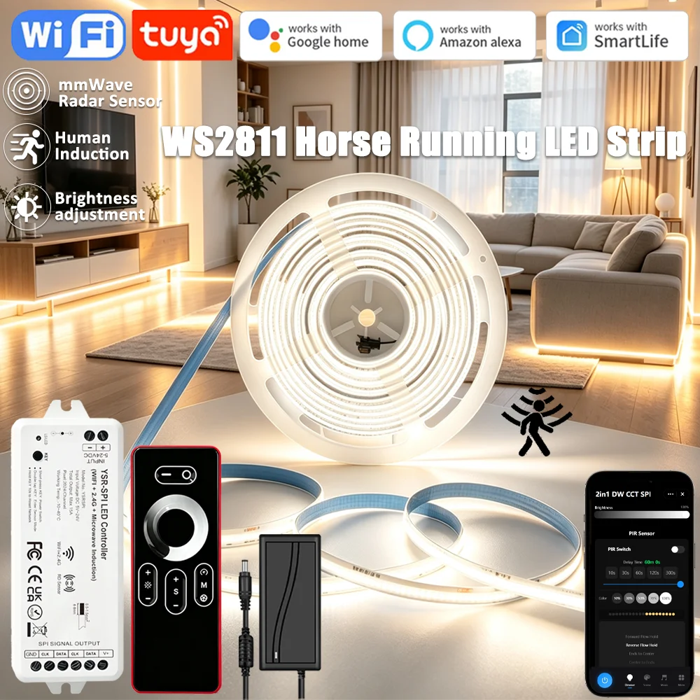Tuya WiFi WS2811 Flowing Water Led Strip COB Sequential Horse Race Led Tape Light Smart Life APP Control PIR Motion Sensor Room