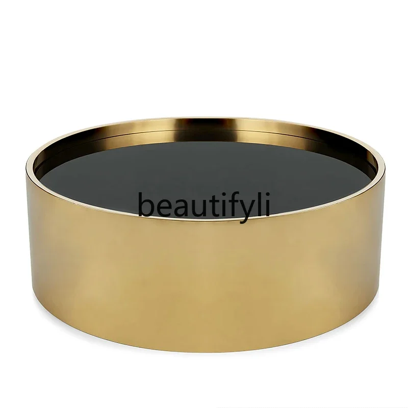 

E182 American light luxury marble round coffee table living room stainless steel tempered glass round coffee table