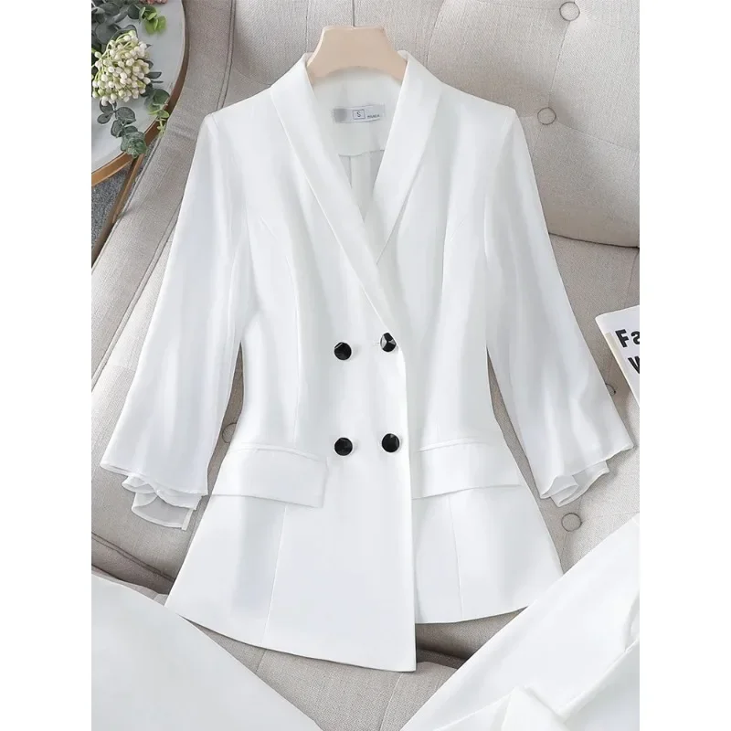 Spring Summer Women Formal Blazer Ladies Female Blue White Solid Three Quarter Sleeve Jacket Coat For Business Work Wear