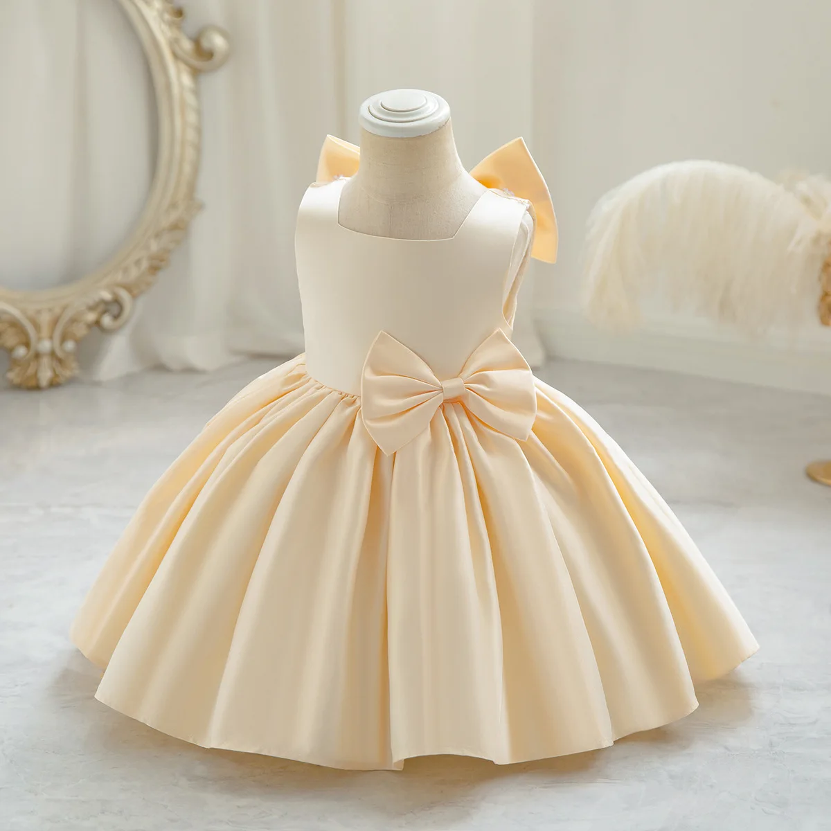 Big Bow Baby Girl Party Dress Knee Length Princess Party Dress Children Clothes Birthday Dresses Elegant Evening Formal Wear