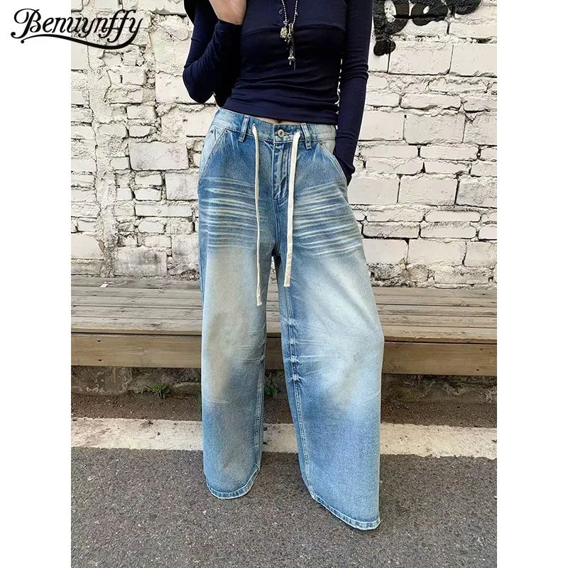 

Джинсы Benuynffy American Vintage с широкими штанинами на шнурке для женщин, новинка весны 2026, уличный стиль, низкая посадка, свободные повседневные женские джинсы