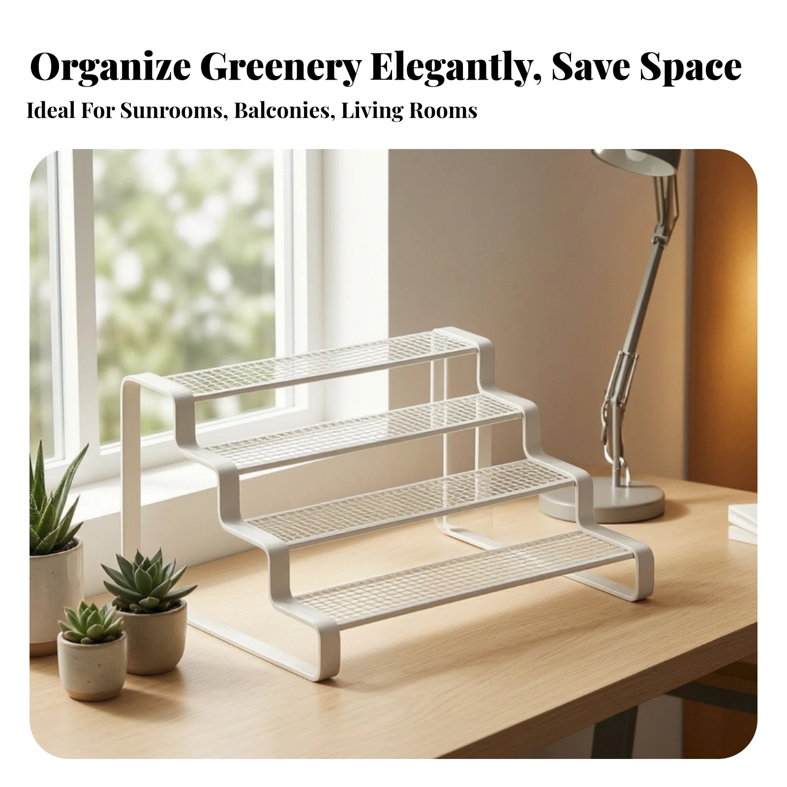 Four-Tier Plant Display Rack Space-Saving Stepped Plant Shelf with Wire-Grid Shelves Planter Display Shelving Unit Vertical
