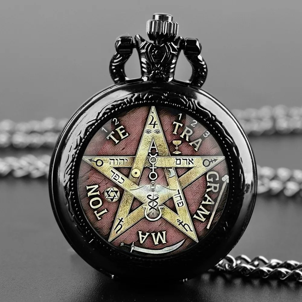 Fashion Black Stainless SteelTetragramaton Design Quartz Pocket Watch Necklace Women Jewelry Pendant Chain Lucky Charm