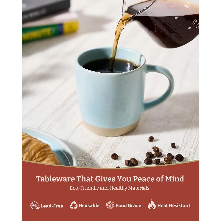 مجموعة من 6 أكواب قهوة من السيراميك باللون الأزرق الفاتح سعة 13 أونصة مع مقبض لشاي القهوة وحليب الكاكاو وتصميم درب التبانة مثالي للمشروبات الصباحية
