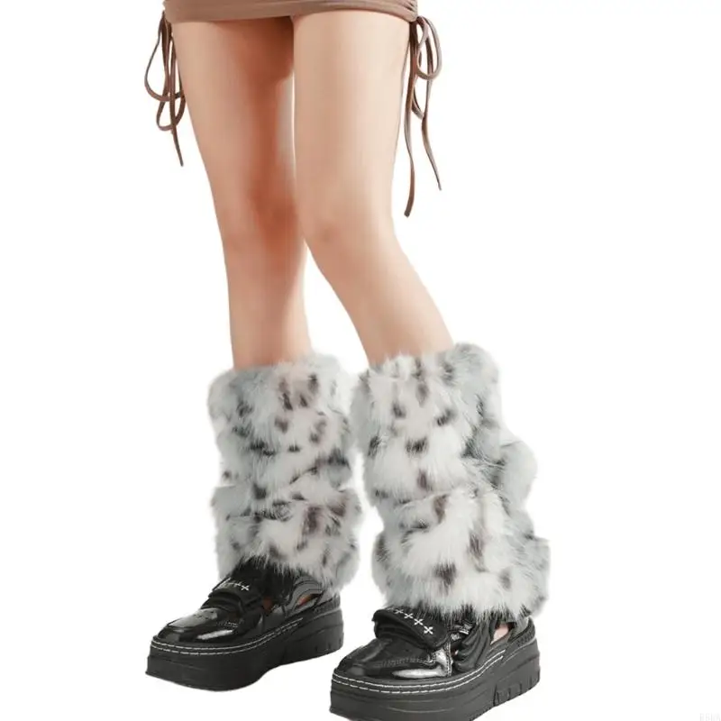 E56A สัตว์จุดขนยาวขาอุ่นสำหรับผู้หญิงความร้อน WARM Plush BOOT ครอบคลุมถุงเท้า