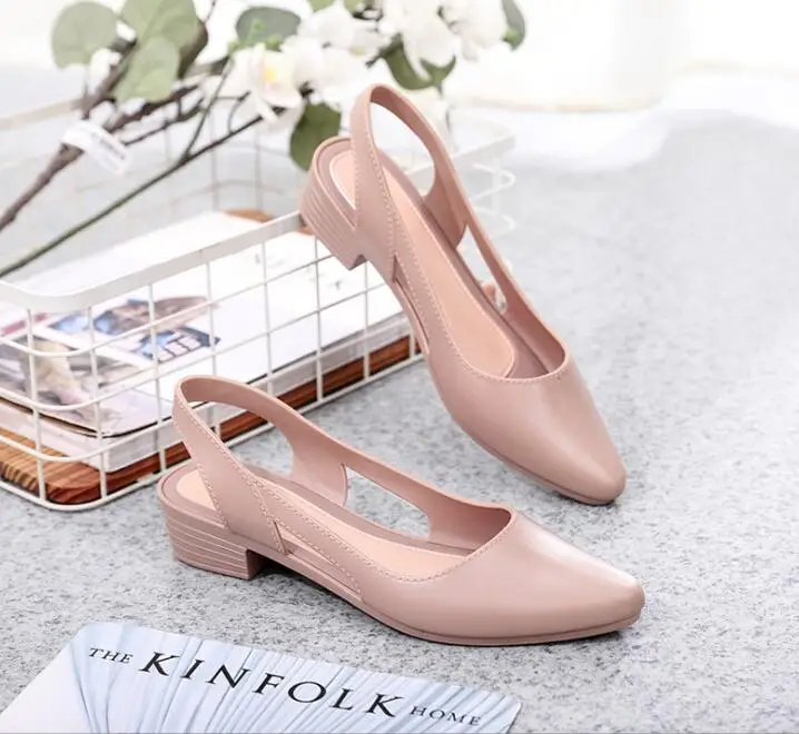 2024 NEW Jelly Sandals Women Pointed Toe Chunky Med High Heels Flip Flops Slingback Casual Candy Skidproof Beach Shoes For Women