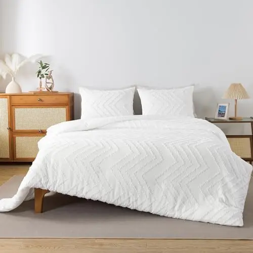 White Bed 3PCS Comforter Sets Bedding White Boho Tufted Soft Fluffy Lightweight Microfiber Comfortable Bedding Sets
