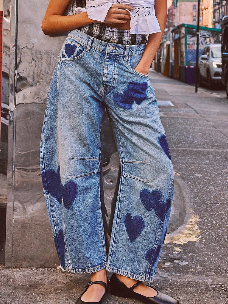 

XIZOU Vintage Blue Jeans for Women Heart Stars Printed Streetwear y2k Low Rise Denim Pants Woman Baggy Jeans Korean Style 2024