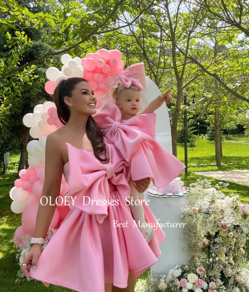 OLOEY Mini Short Pink Birthday Party Dresses Mother And Daugheter Prom Dresses Bowknot Cotton Evening Gowns Formal Event