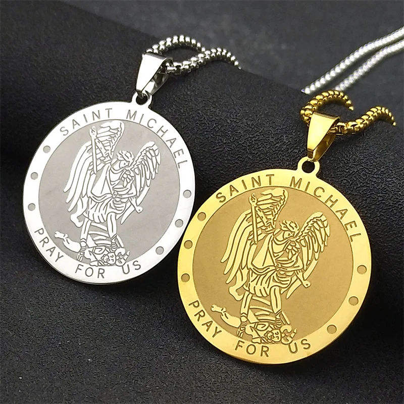 SAINT MICHAEL PRAY FOR US Archangel Stainless Steel Pendant Necklaces Chain Men Women Gold Color Choker Necklace Amulet Jewelry image 5