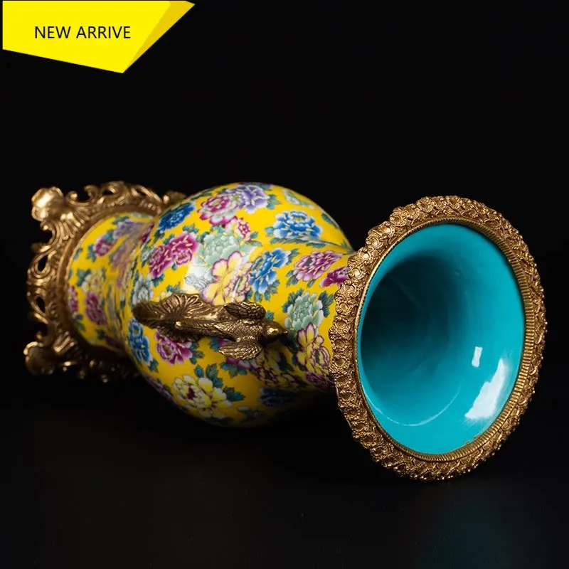 a95 Copper inlaid porcelain yellow ground pastel peony copper magpie phoenix tail vase Jingdezhen ceramic Chinese vase ornament