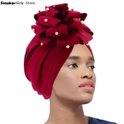 African Ladies Islamic Head Wrap Women Muslim Hijabs Hat Wedding Party Turban Cap Flower Ethnic Headwrap Pearl Headwear Hats