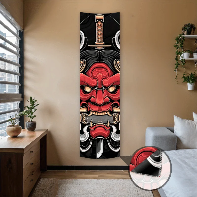 VIKAMA Japanische Hannya-Maske, vertikaler Wandteppich mit rotem und schwarzem Katana-Design für Schlafzimmer, Wohnzimmer, Dekoration, ästhetisch, edgy, dunkel
