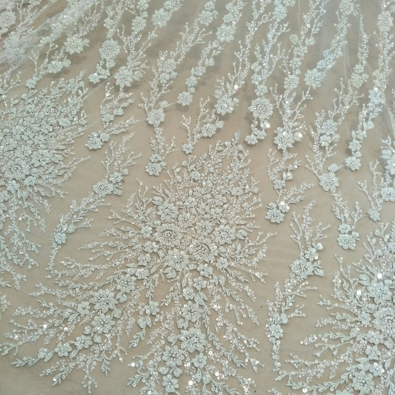 fashion silver beading lace fabric 130cm width dress lace fabric sequins lace fabric sell by yard