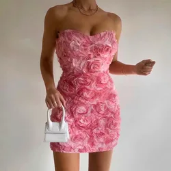 Women's New Fashion Strapless Sleeveless Off Shoulder Flower Slim Dress High Waist Pink Mini Dress