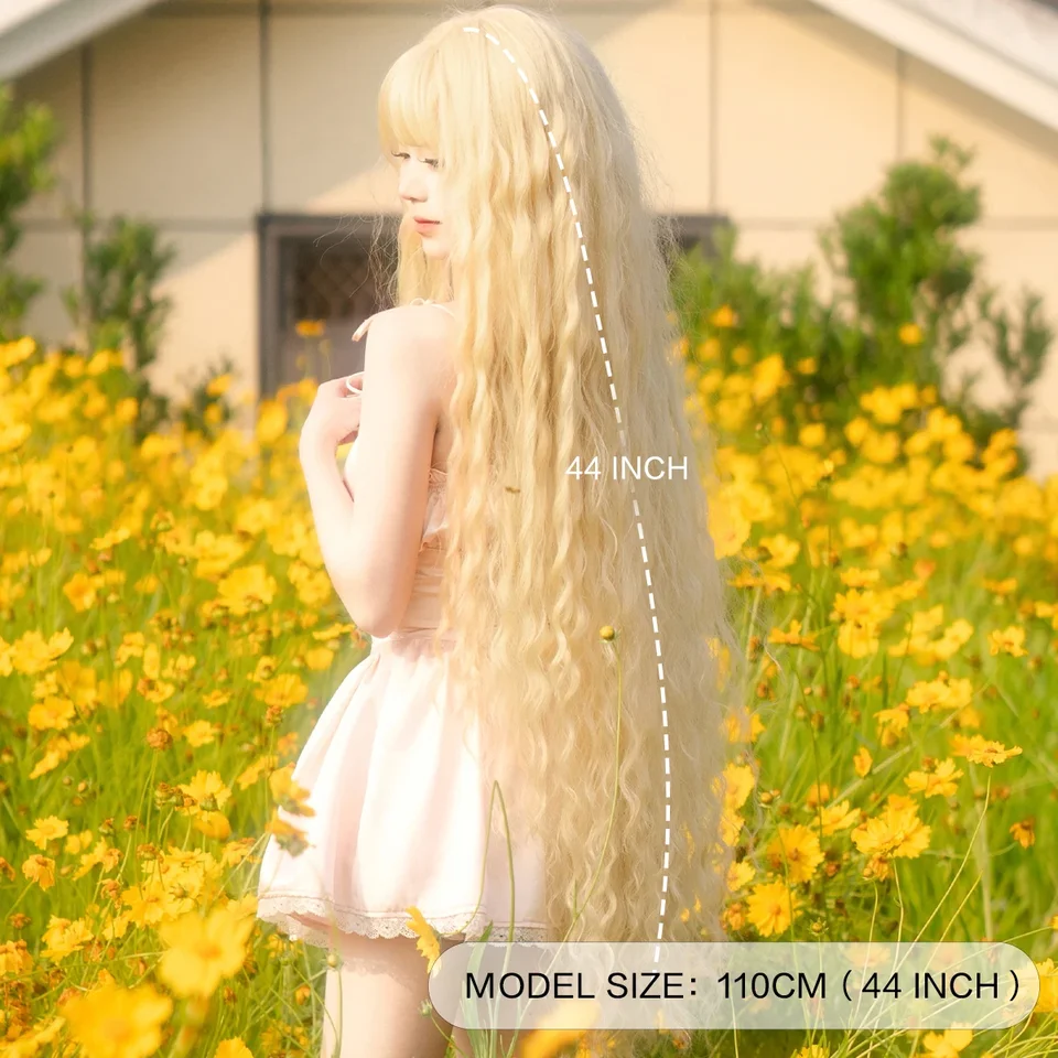 Peluca cosplay PARK YUN extra larga rubia con flequillo, rizos largos y sueltos, estilo Lolita, sintética resistente al calor, 44 pulgadas 2
