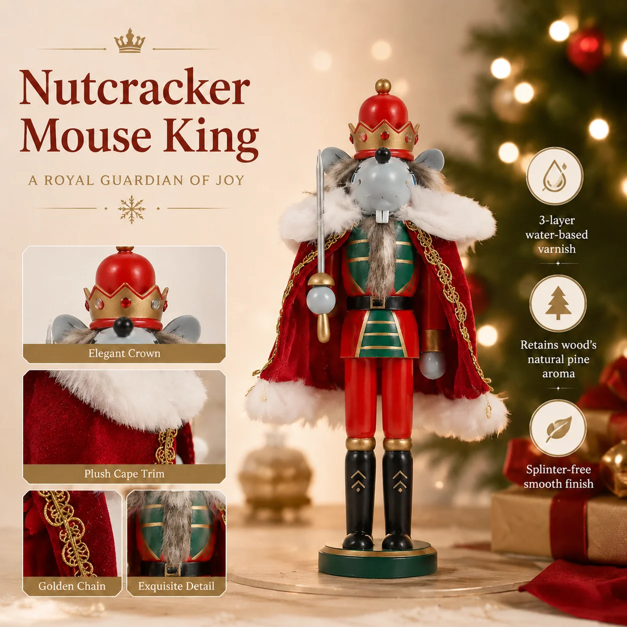 Christmas Nutcracker Wooden Nutcracker Ornament King Cloak Mouse Theme Figure Handcraft Home Office Desktop Xmas Decoration Gift