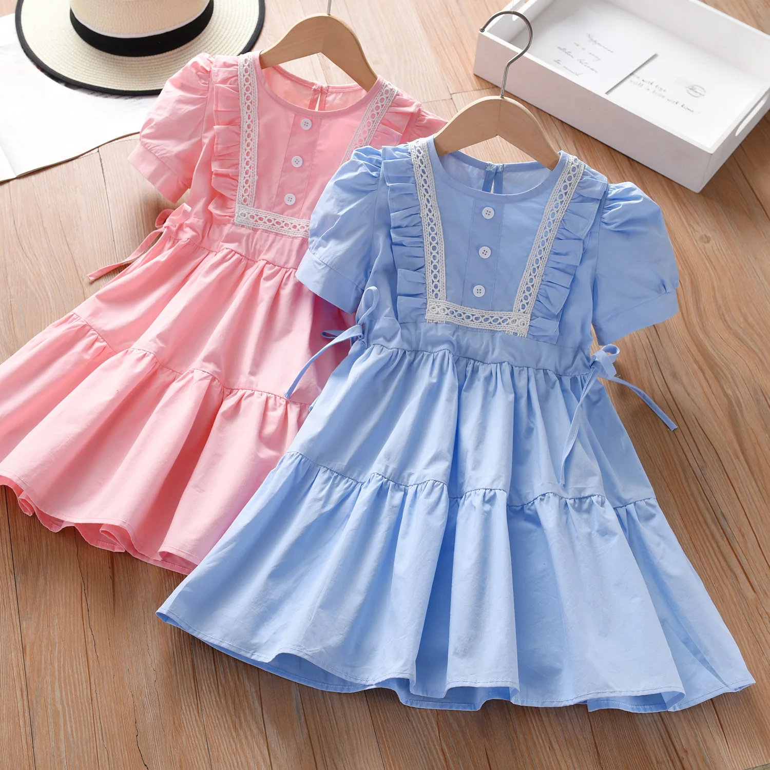 

2024 Summer New Arrival Girls Cotton Short Puff Sleeve Ruffles Pink Cute Dress Infantil Menina Cute Party Dress Custume 8-12T