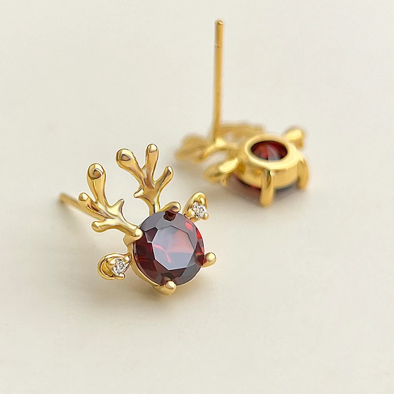 Huitan Lovely Deer Antler Stud Earrings with Red CZ Dainty Ear Accessories for Women Bright Chic Noble Christmas Party Jewelry
