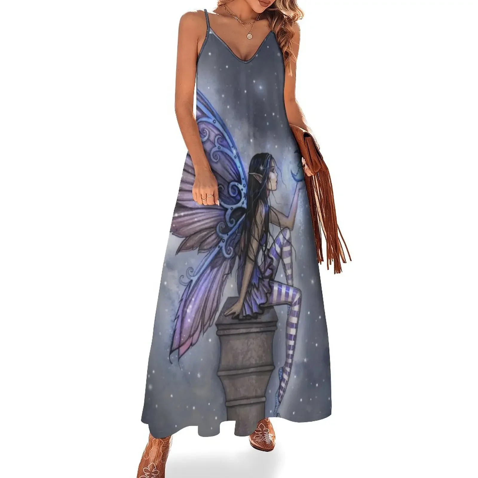 

Little Blue Moon Fairy Fantasy Art by Molly Harrison Sleeveless Dress elegant and pretty women's dresses womans clothing