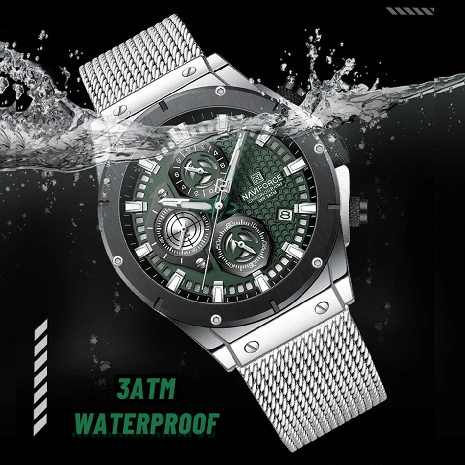 NAVIFORCE New Luxury Fashion Stainless Steel Strap Men Quartz Watch Sports Waterproof Chronograph Wristwatch Relogio Masculino