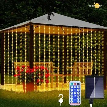 พวงดอกไม้ม่าน LED พลังงานแสงอาทิตย์3MX3M แบบพวงมีรีโมทของตกแต่งงานแต่งงานปาร์ตี้ตกแต่งคริสต์มาสพวงมาลัยปีใหม่